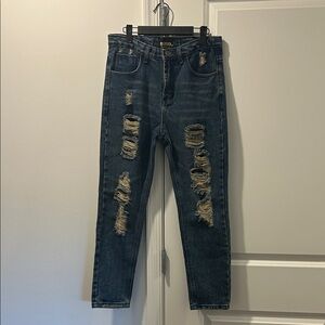 Women’s Slim Straight Ripped Jeans - Dark Blue